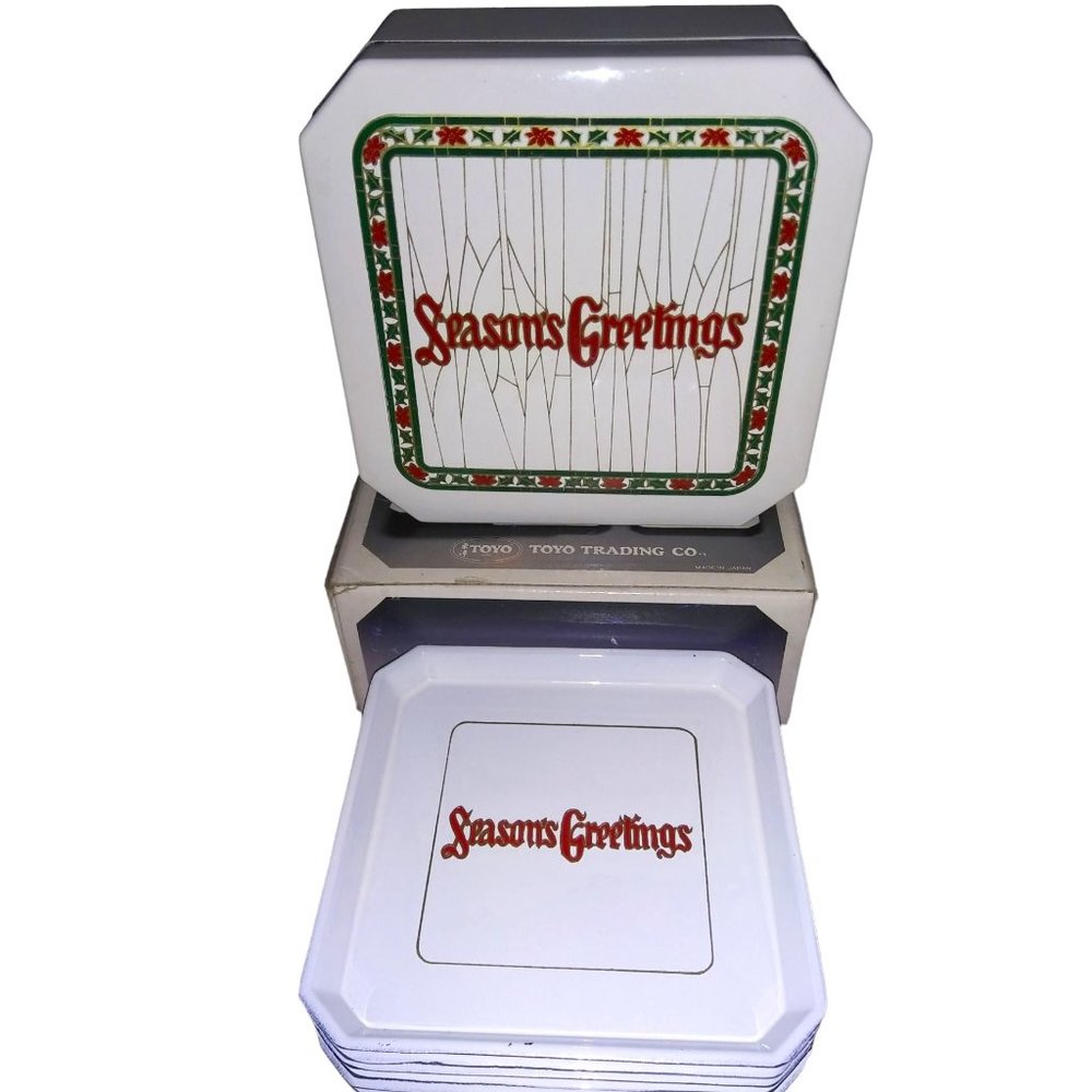 Toyo Christmas Holidays Coaster Set 6 Piece Square White Seasons Greetings Boxed
